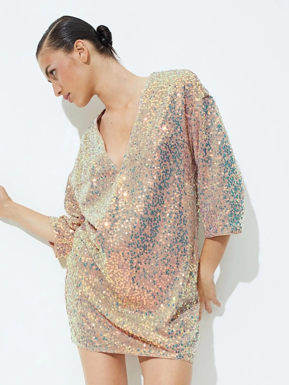 H&M Sequin Iridescent V-Neck Dress in Champagne Pink